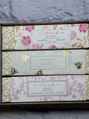 LOLLIA Shea Butter Handcreme Set Of Three Boxed Gift NEW Breathe, Wish, Relax